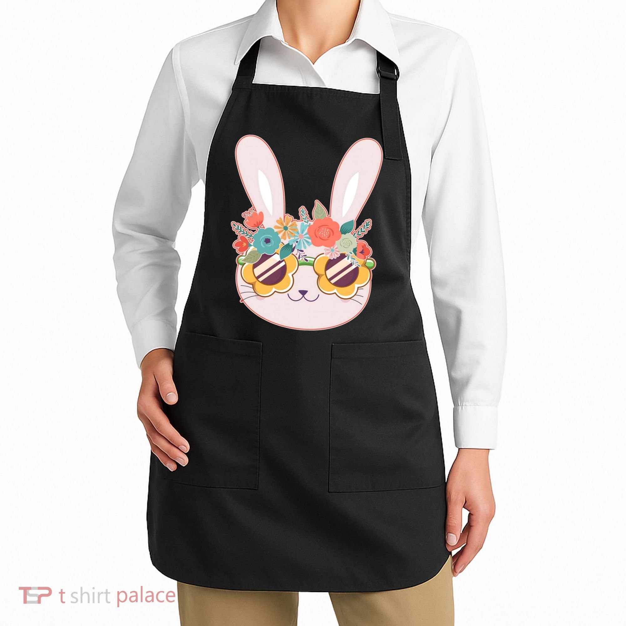 Cute Easter Bunny With Flower Crown And Sunglasses Apron