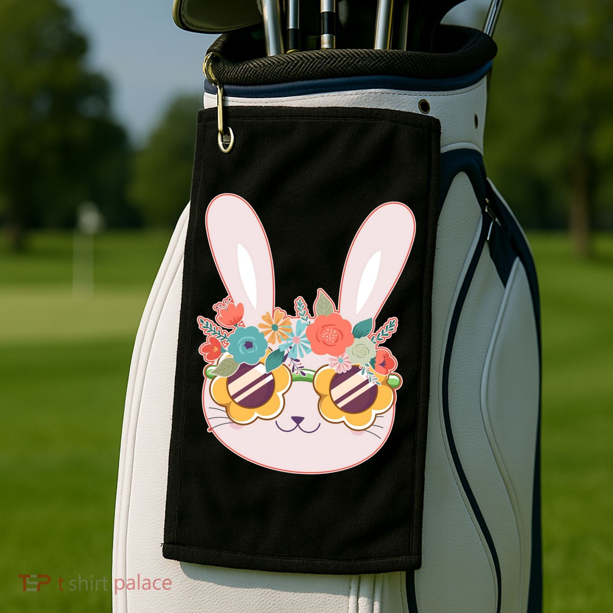Cute Easter Bunny With Flower Crown And Sunglasses Golf Towel