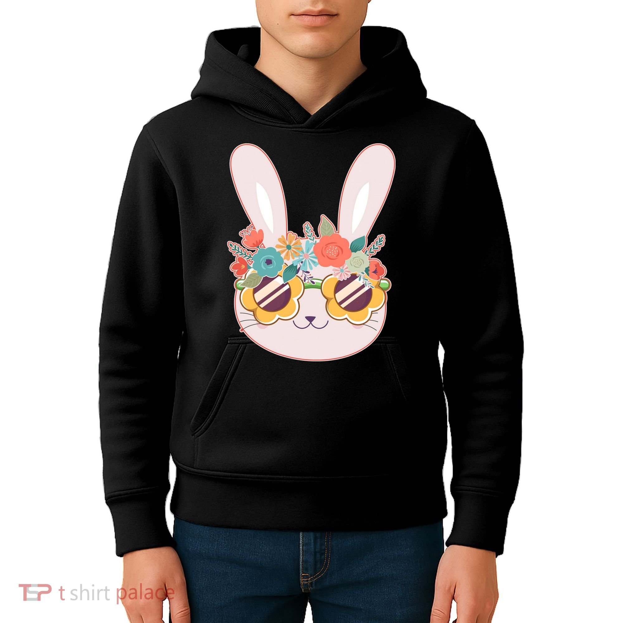 Cute Easter Bunny With Flower Crown And Sunglasses Kids Hoodie