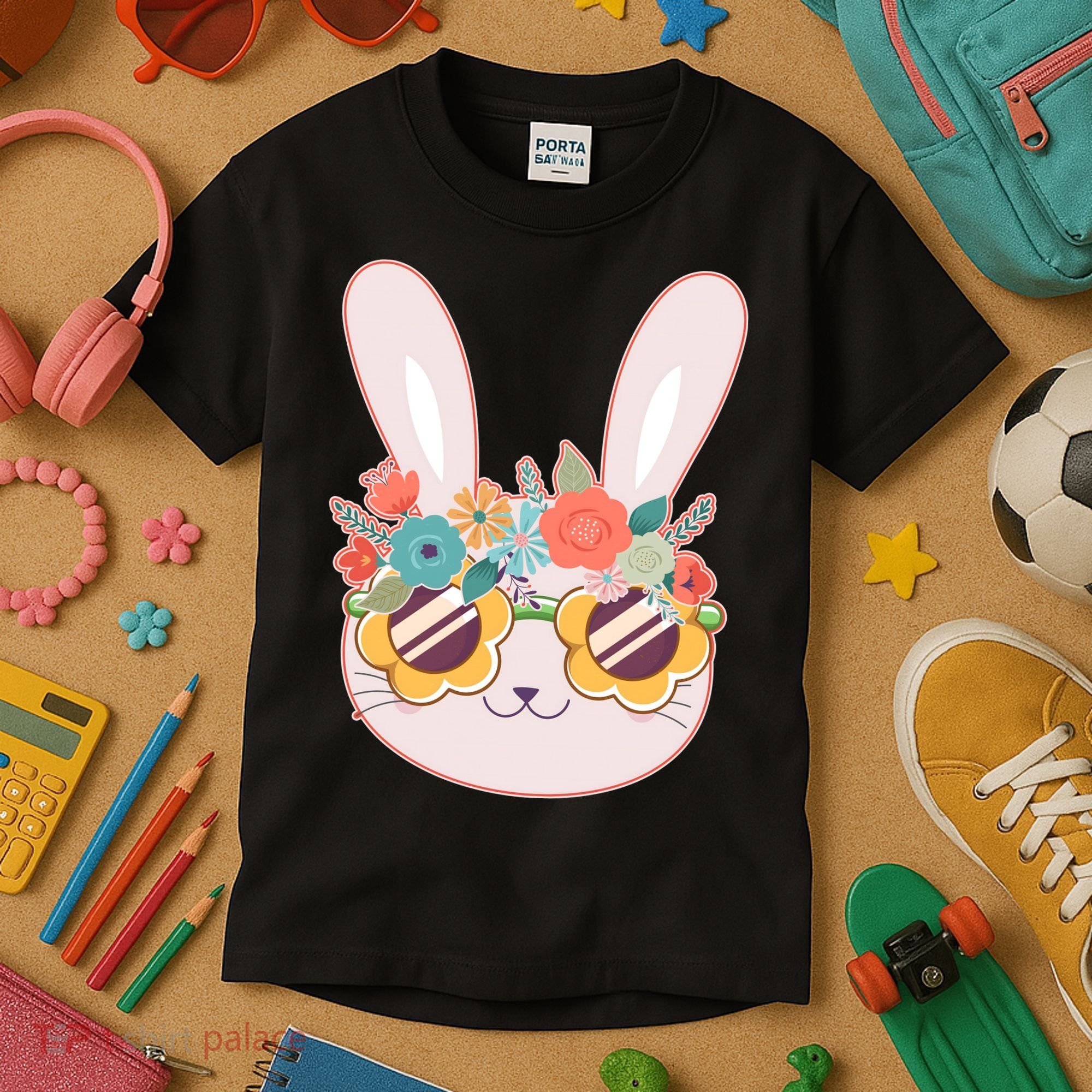 Cute Easter Bunny With Flower Crown And Sunglasses Kids T-Shirt
