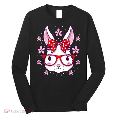 Cute Easter Bunny Face Glasses Bow Easter Day Rabbit Long Sleeve Shirt
