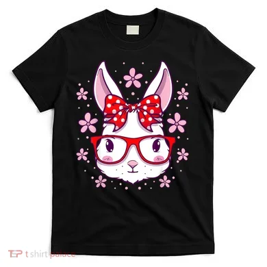 Cute Easter Bunny Face Glasses Bow Easter Day Rabbit T-Shirt
