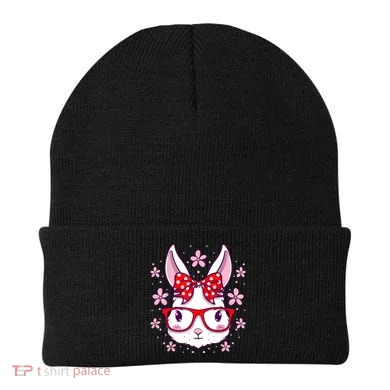 Cute Easter Bunny Face Glasses Bow Easter Day Rabbit Beanie
