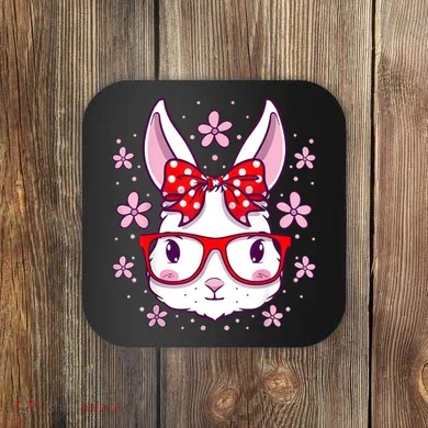 Cute Easter Bunny Face Glasses Bow Easter Day Rabbit Coaster