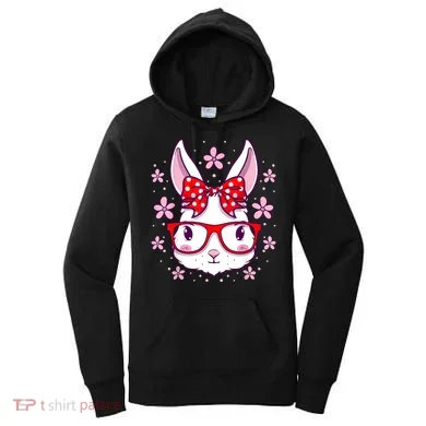 Cute Easter Bunny Face Glasses Bow Easter Day Rabbit Women's Hoodie
