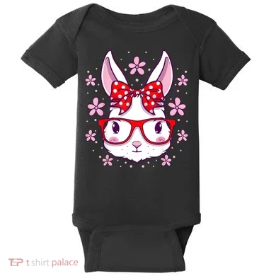 Cute Easter Bunny Face Glasses Bow Easter Day Rabbit Baby Bodysuit