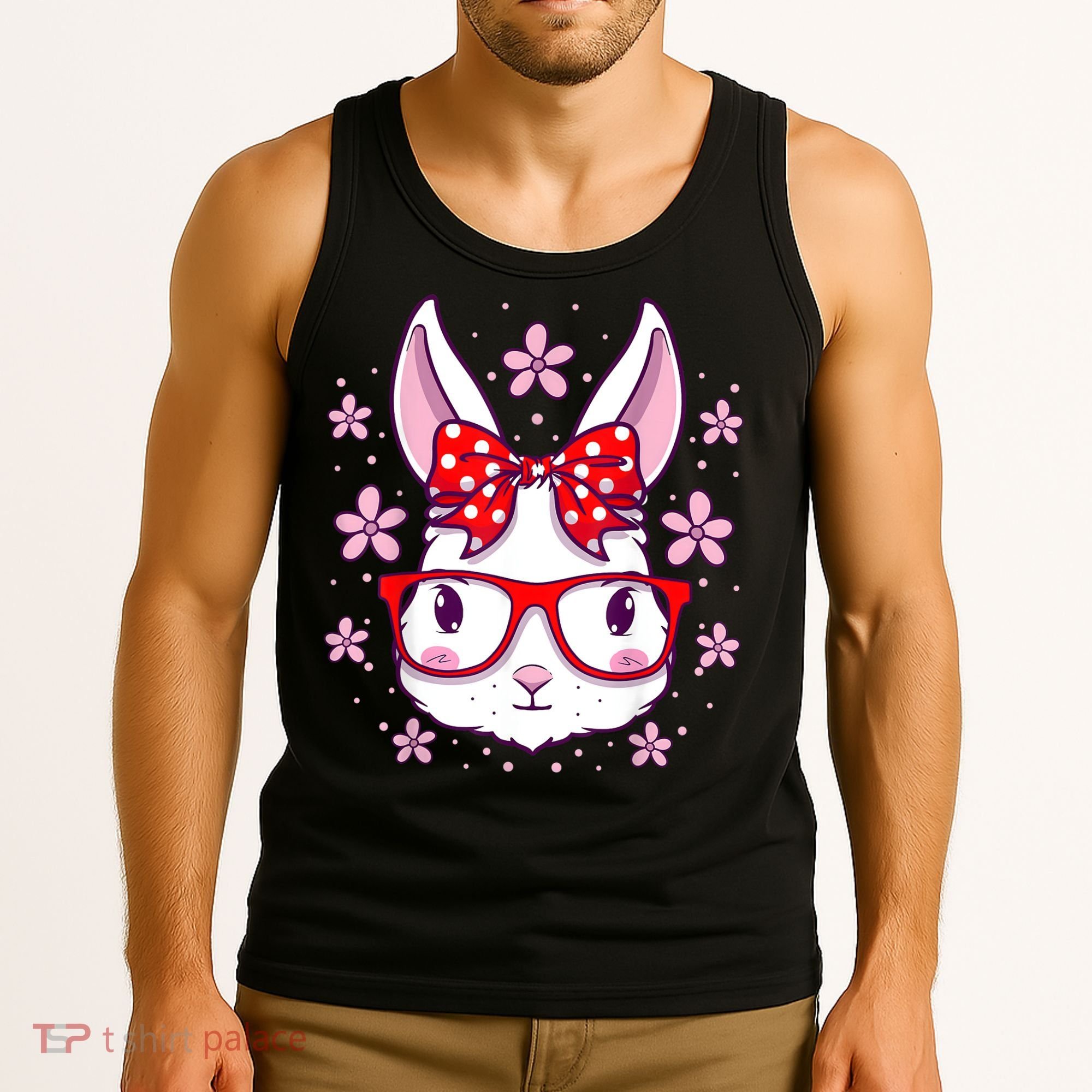 Cute Easter Bunny Face Glasses Bow Easter Day Rabbit Tank Top