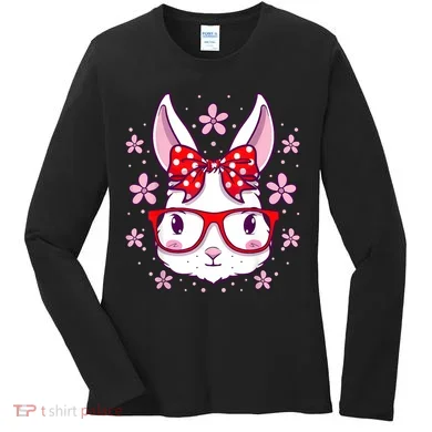 Cute Easter Bunny Face Glasses Bow Easter Day Rabbit Women's Long Sleeve Shirt