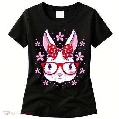 Cute Easter Bunny Face Glasses Bow Easter Day Rabbit Women's T-Shirt