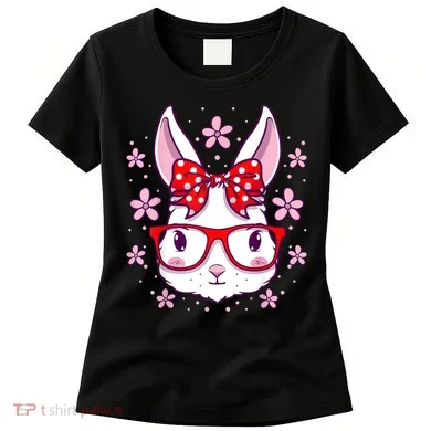 Cute Easter Bunny Face Glasses Bow Easter Day Rabbit Women's T-Shirt