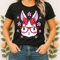 Cute Easter Bunny Face Glasses Bow Easter Day Rabbit Women's T-Shirt thumb 2