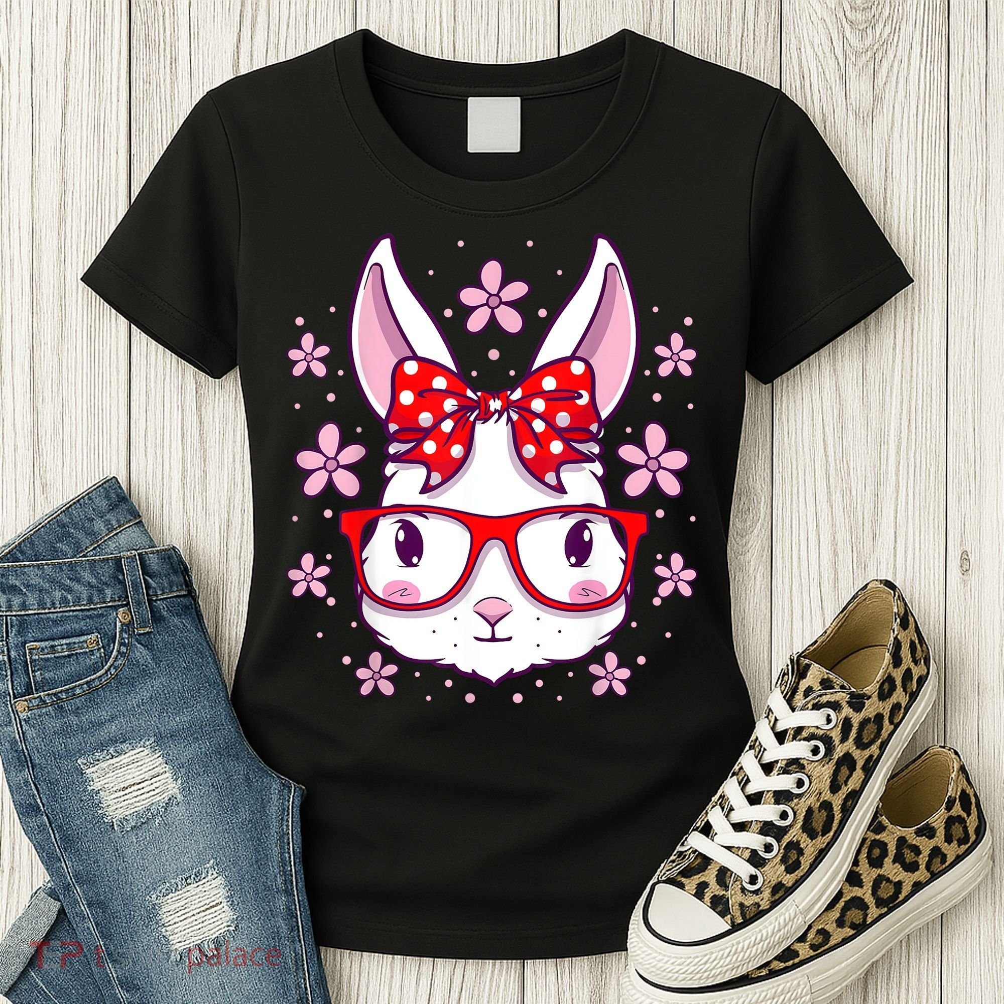 Cute Easter Bunny Face Glasses Bow Easter Day Rabbit Women's T-Shirt