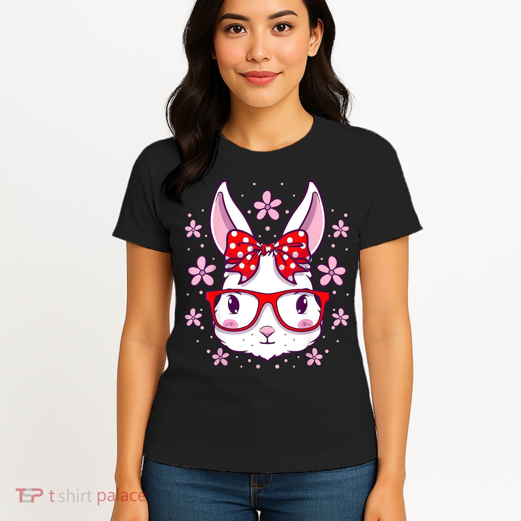 Cute Easter Bunny Face Glasses Bow Easter Day Rabbit Women's T-Shirt