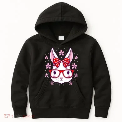 Cute Easter Bunny Face Glasses Bow Easter Day Rabbit Kids Hoodie