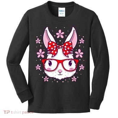 Cute Easter Bunny Face Glasses Bow Easter Day Rabbit Kids Long Sleeve Shirt