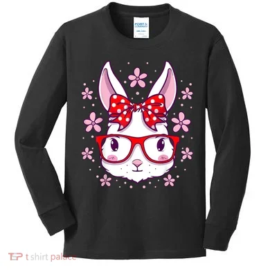 Cute Easter Bunny Face Glasses Bow Easter Day Rabbit Kids Long Sleeve Shirt