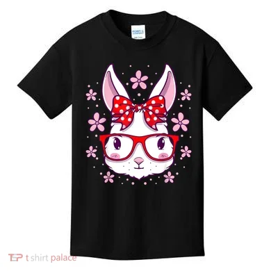 Cute Easter Bunny Face Glasses Bow Easter Day Rabbit Kids T-Shirt
