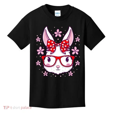 Cute Easter Bunny Face Glasses Bow Easter Day Rabbit Kids T-Shirt in the selected color