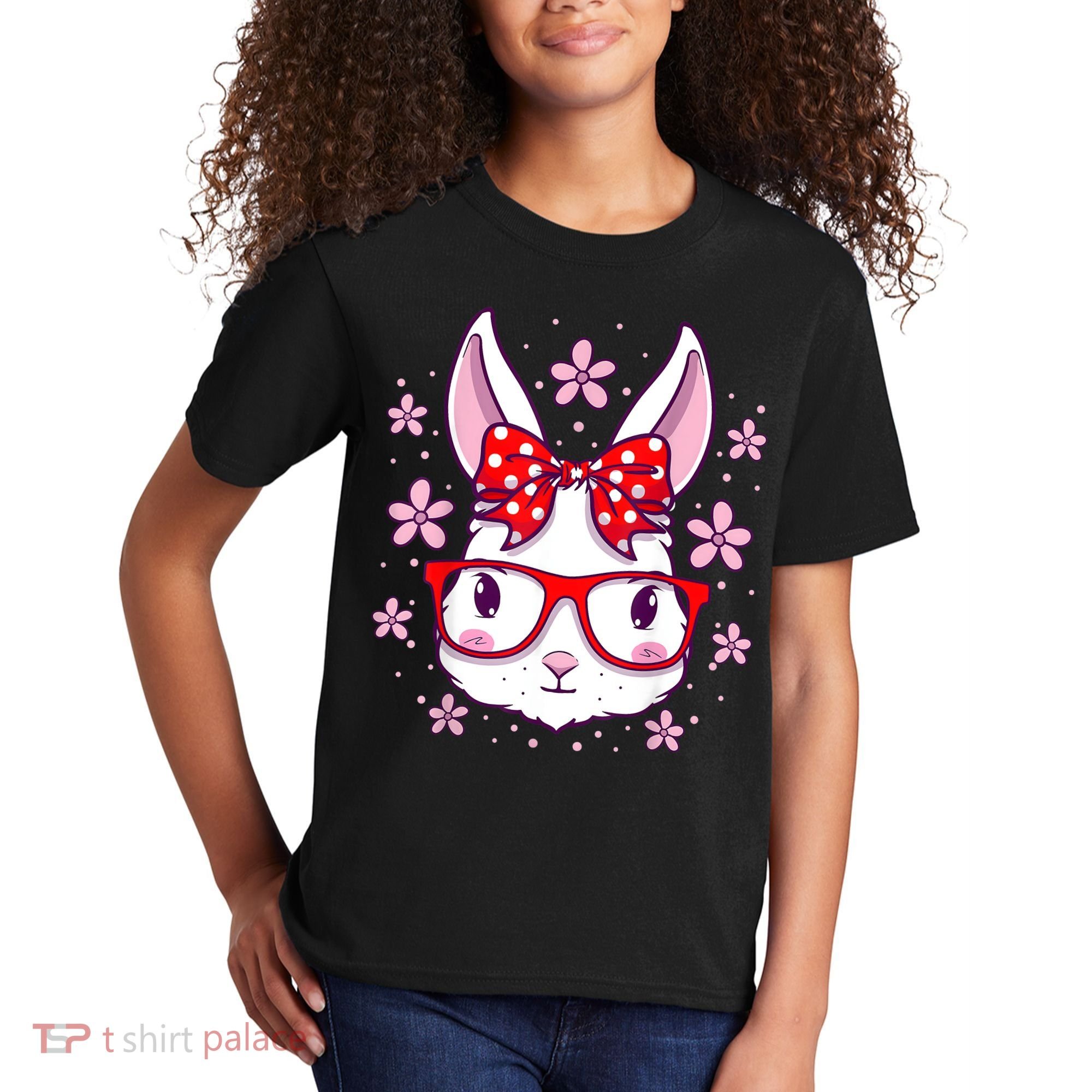 Cute Easter Bunny Face Glasses Bow Easter Day Rabbit Kids T-Shirt