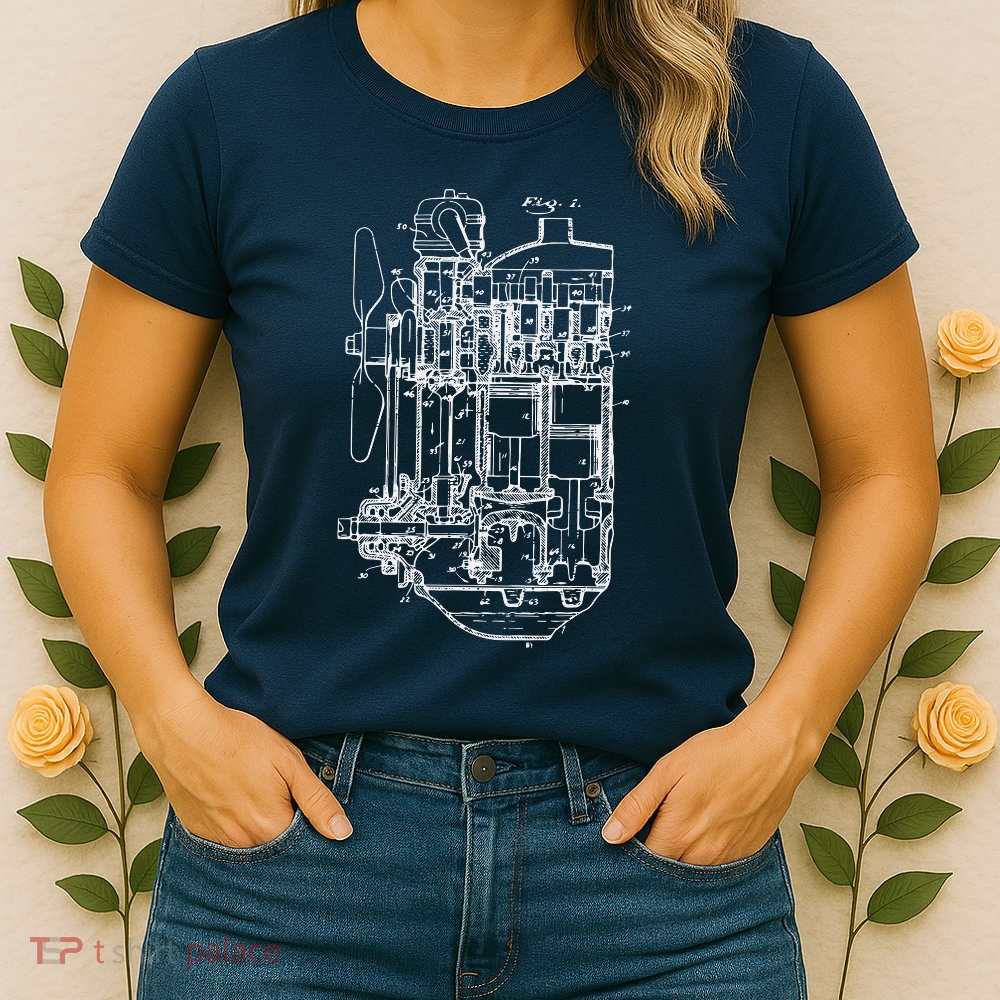 Car Engine Blueprint Car Auto Mechanic Garage Engineer Women's T-Shirt