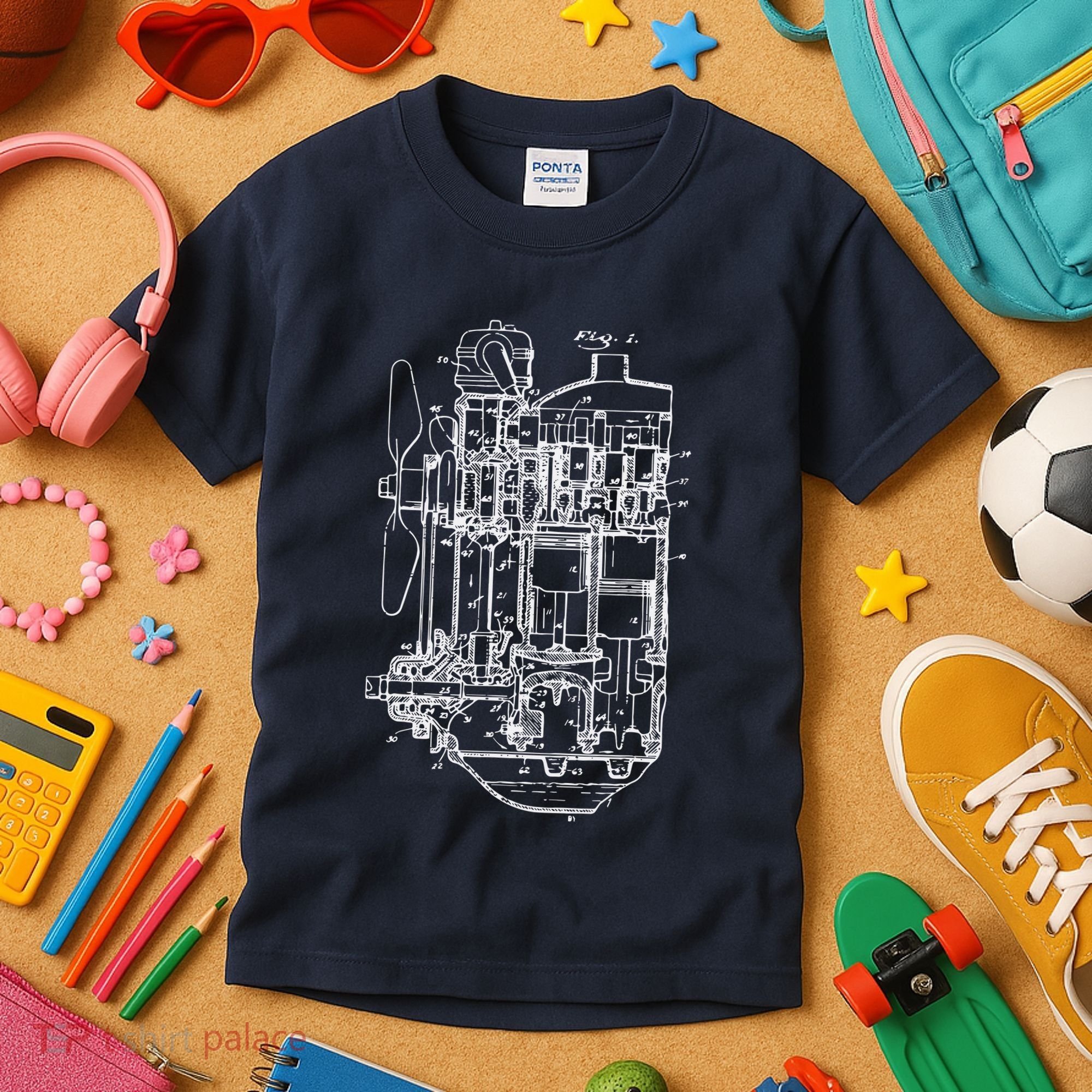 Car Engine Blueprint Car Auto Mechanic Garage Engineer Kids T-Shirt