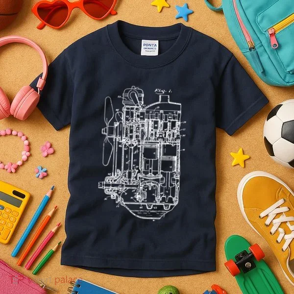 Car Engine Blueprint Car Auto Mechanic Garage Engineer Kids T-Shirt