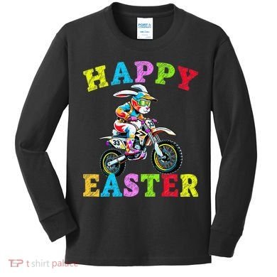 Cool Easter Bunny Motorcycle Happy Easter Day Bike Rider Kids Long Sleeve Shirt