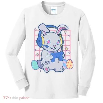 Cute Easter Bunny Rabbit Gamer Kids Long Sleeve Shirt