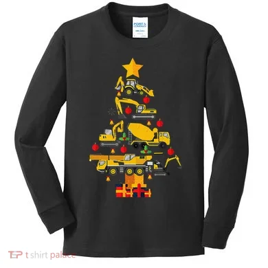 Construction Excavator Christmas Tree Kids Long Sleeve Shirt