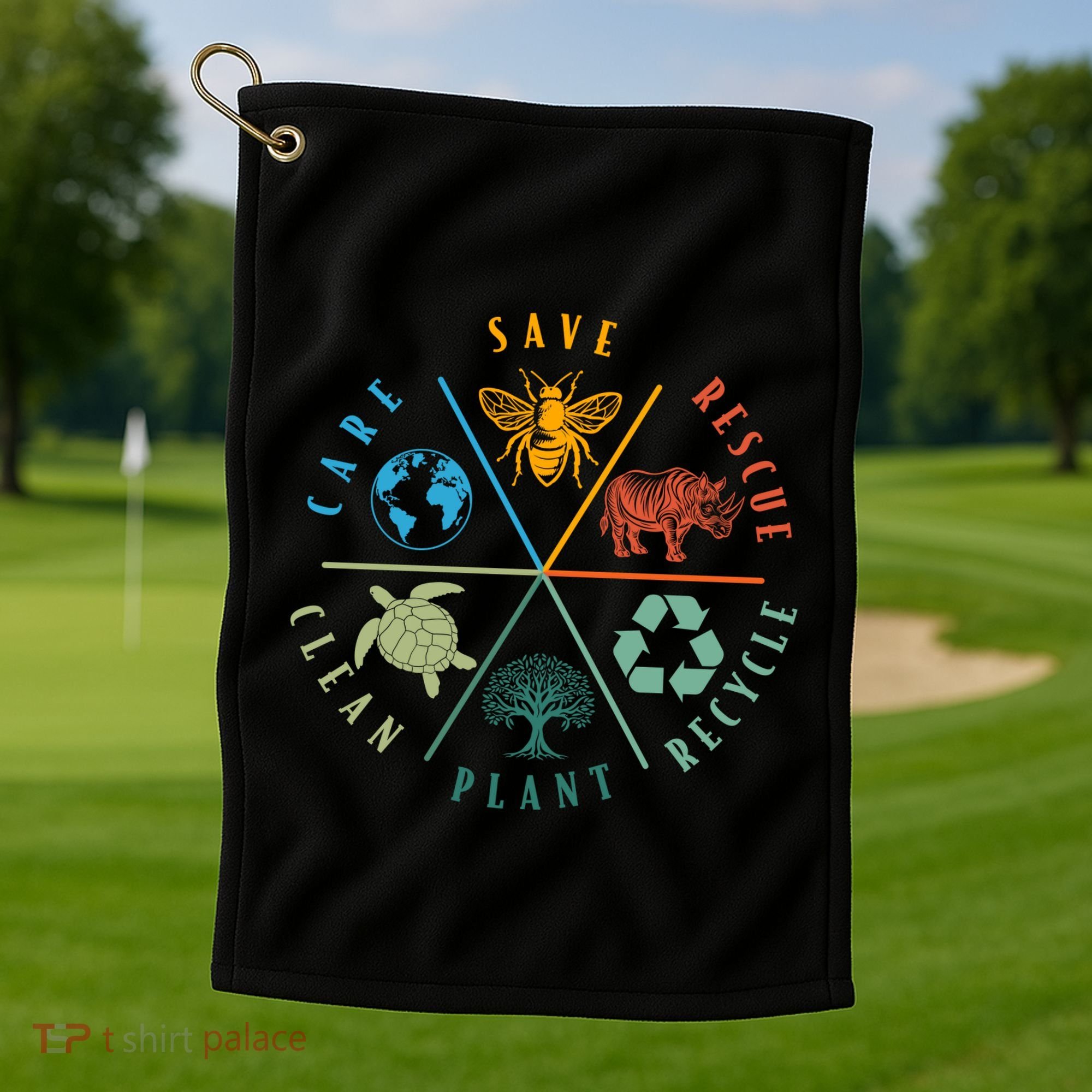 Celebrate Earth Day Save Rescue Recycle Plant Clean Care Golf Towel