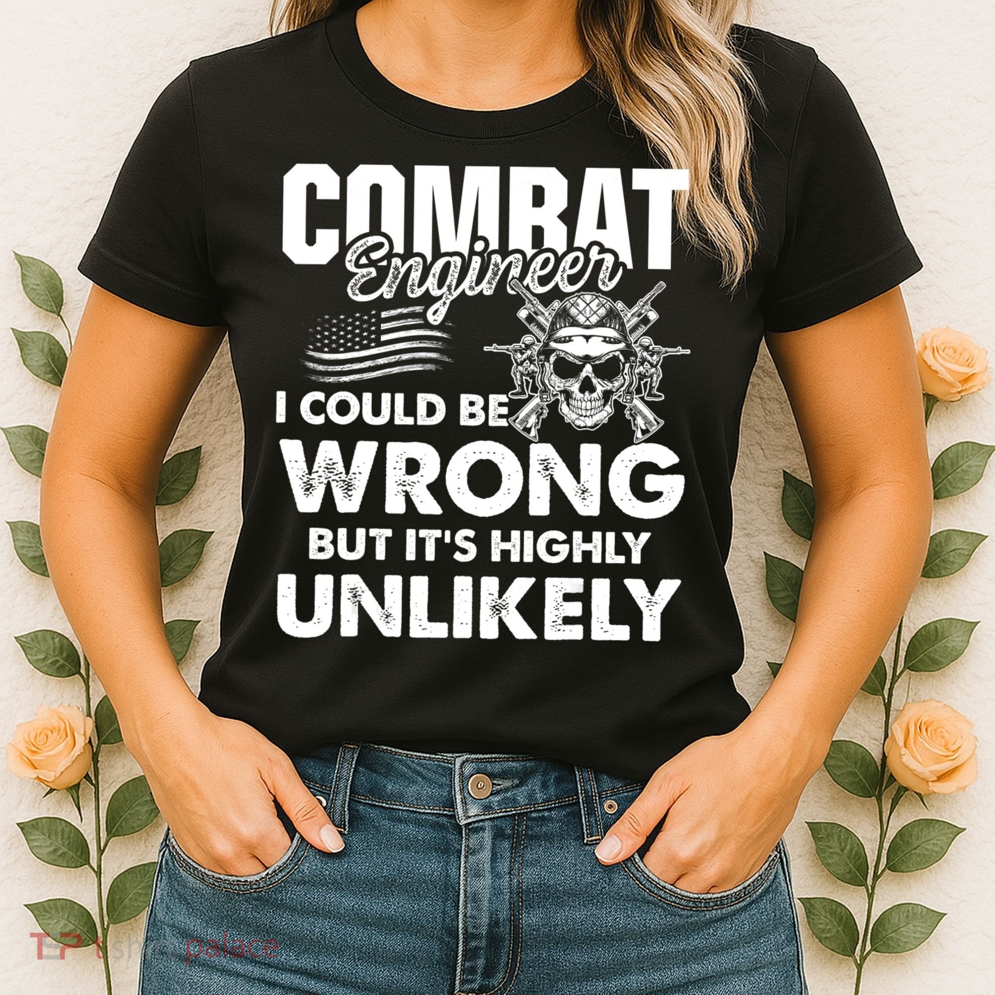 Combat Engineer Distressed American Flag U.S. Military Women's T-Shirt