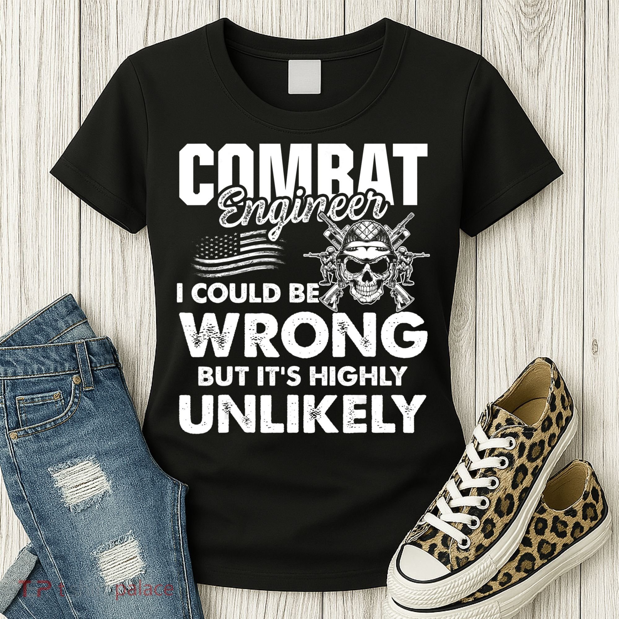 Combat Engineer Distressed American Flag U.S. Military Women's T-Shirt