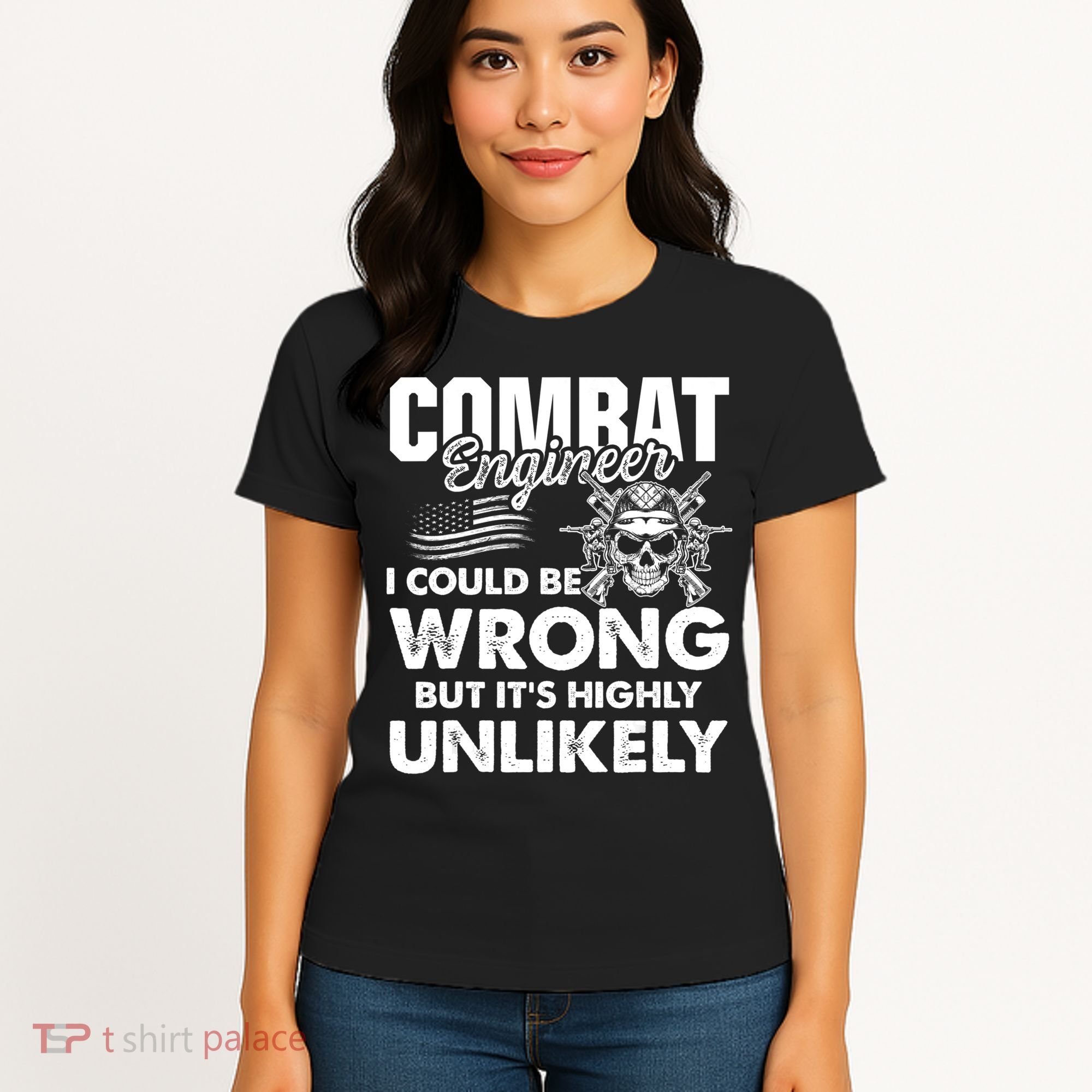 Combat Engineer Distressed American Flag U.S. Military Women's T-Shirt