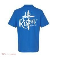Celebrate Easter He Is Risen Matthew 28:6 Front And Back Polo thumb 1