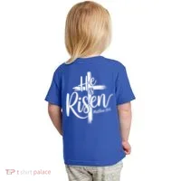 Celebrate Easter He Is Risen Matthew 28:6 Front And Back Toddler T-Shirt thumb 1