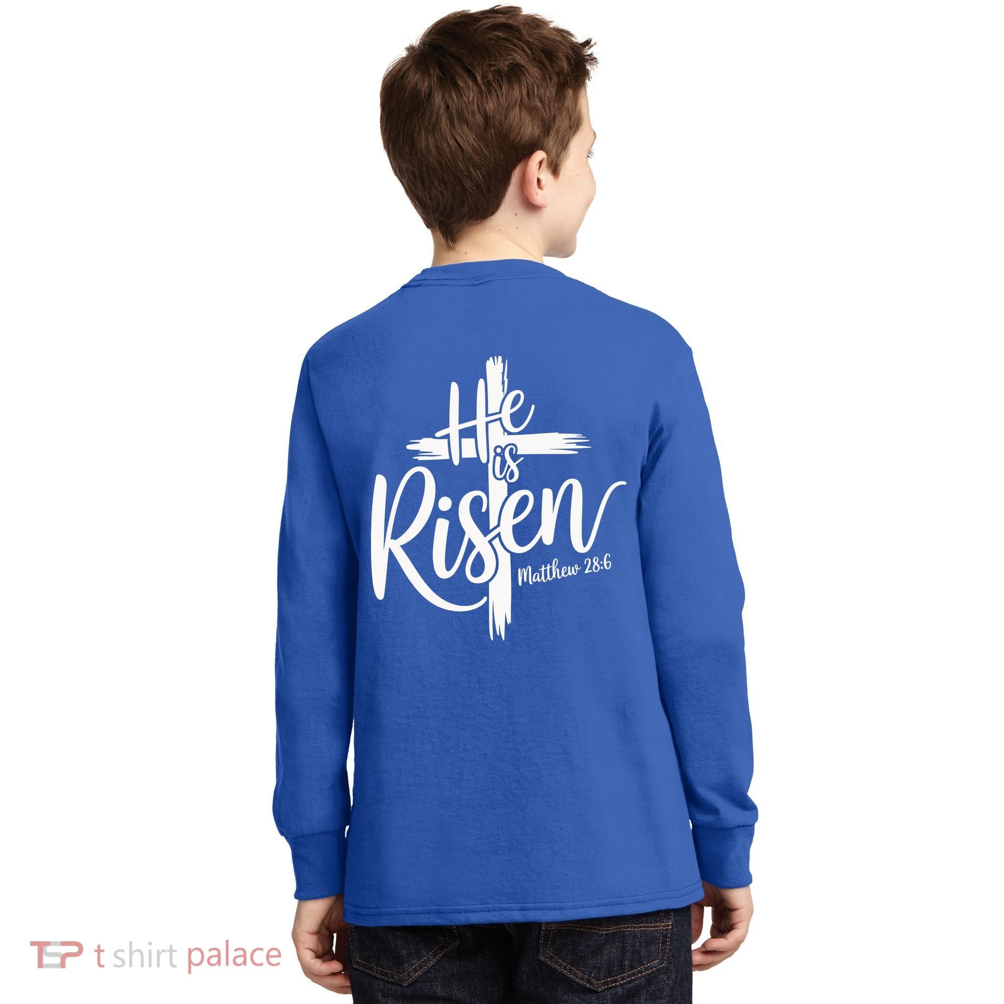 Celebrate Easter He Is Risen Matthew 28:6 Front And Back Kids Long Sleeve Shirt