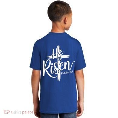Celebrate Easter He Is Risen Matthew 28:6 Front And Back Kids T-Shirt back