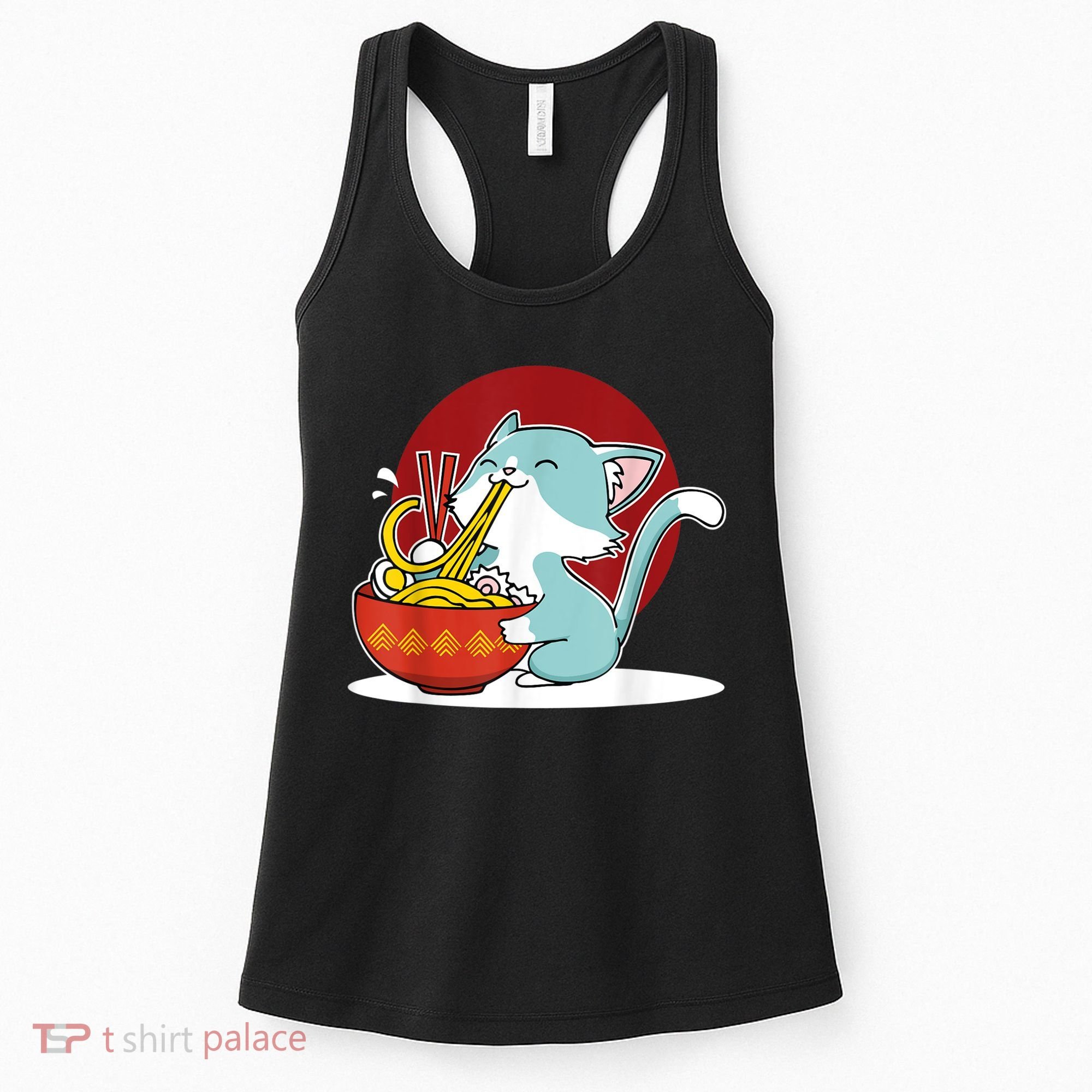 Cat Eating Japanese Ramen Noodles Soup Bowl Kawaii Kitten Women's Tank Top