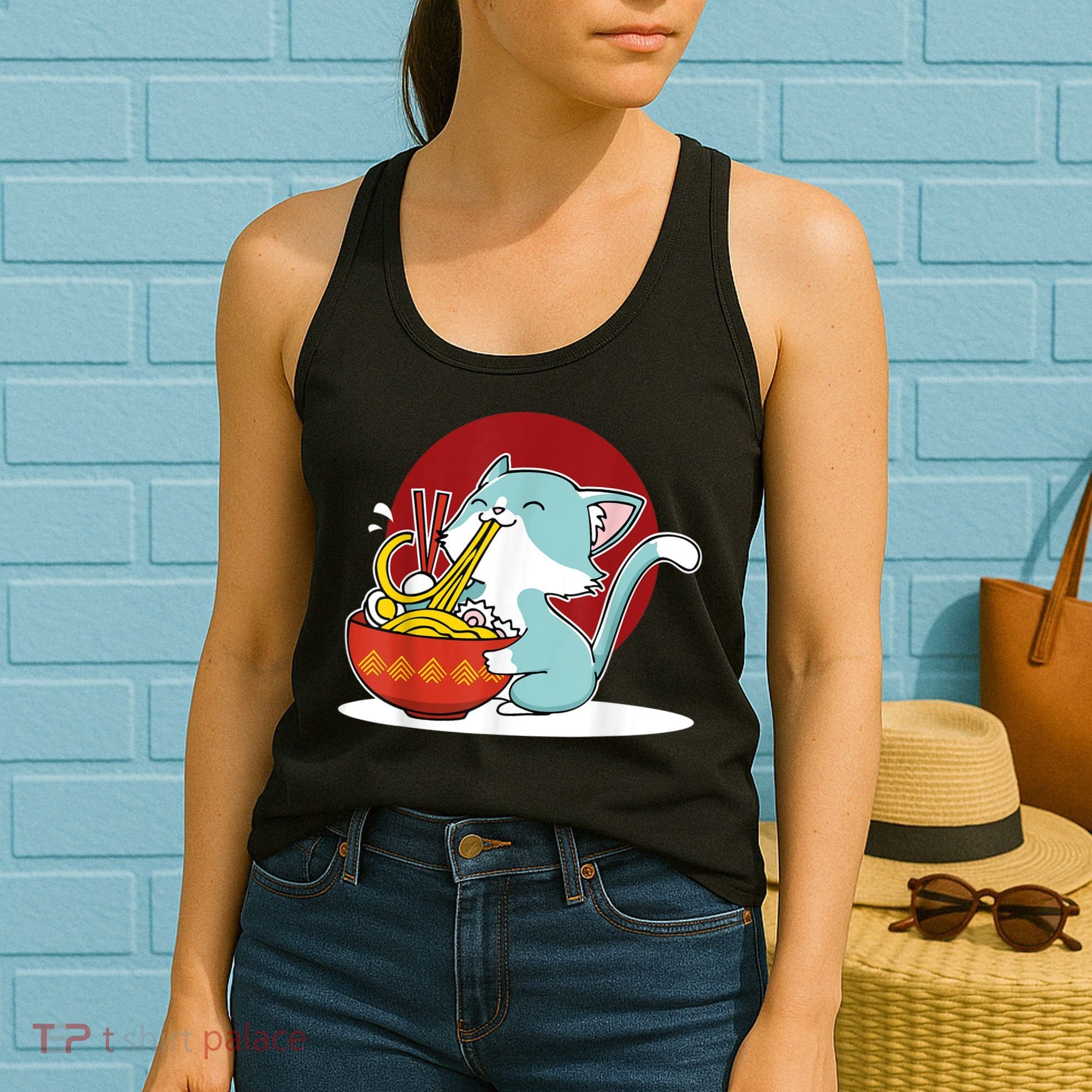 Cat Eating Japanese Ramen Noodles Soup Bowl Kawaii Kitten Women's Tank Top
