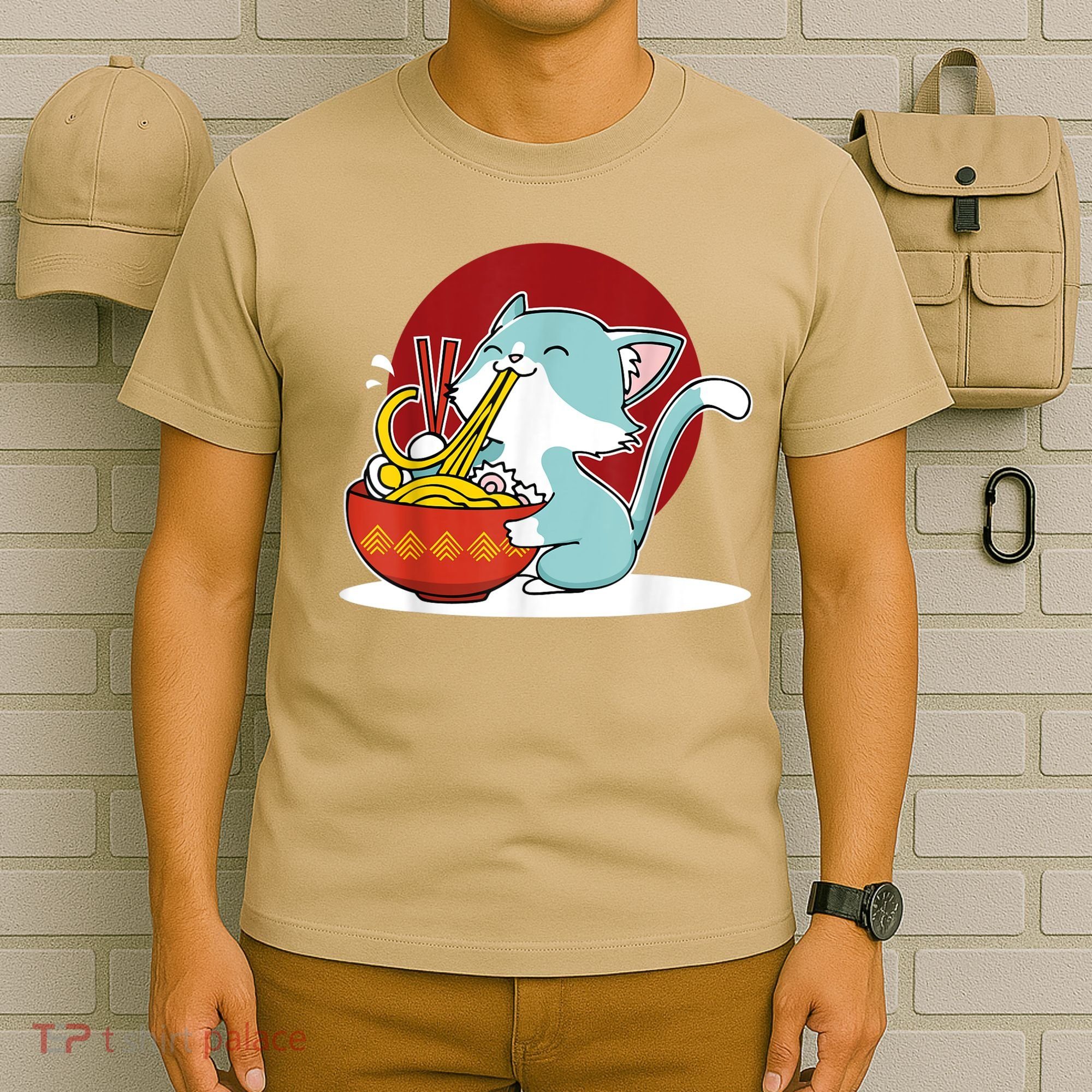 Cat Eating Japanese Ramen Noodles Soup Bowl Kawaii Kitten T-Shirt