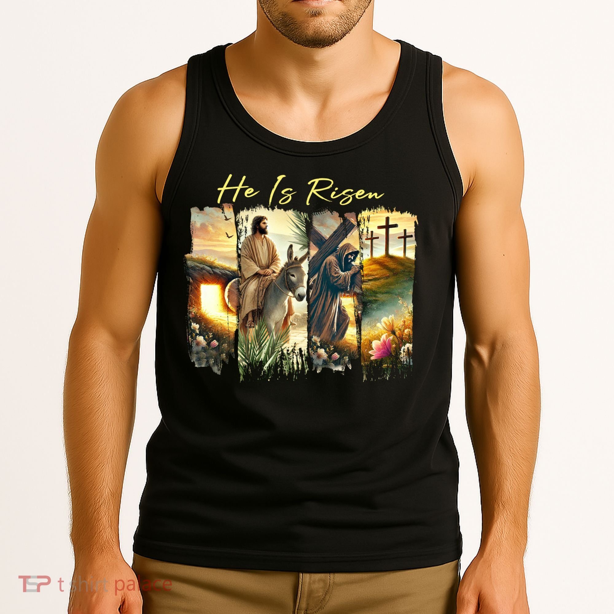 Celebrate Easter Jesus He Is Risen Four Scenes Tank Top