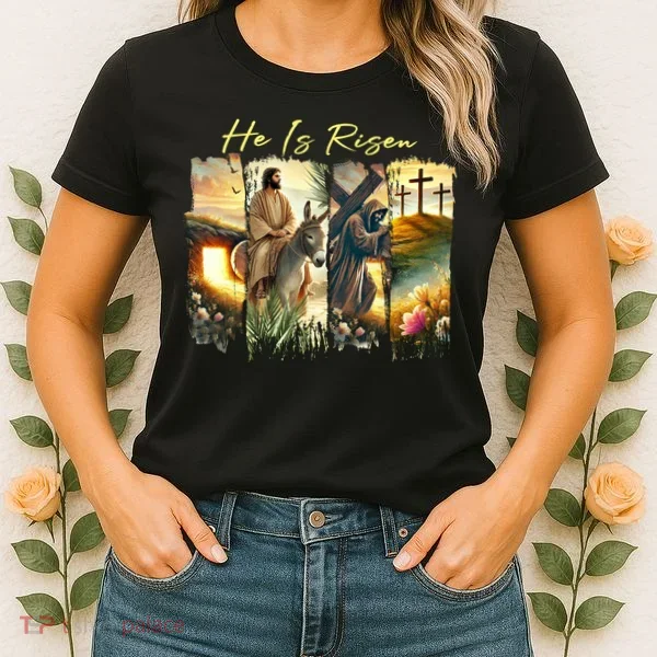 Celebrate Easter Jesus He Is Risen Four Scenes Women's T-Shirt