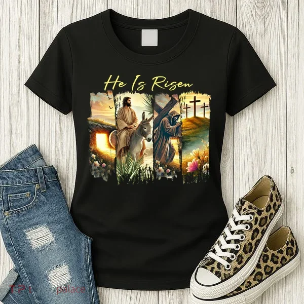 Celebrate Easter Jesus He Is Risen Four Scenes Women's T-Shirt