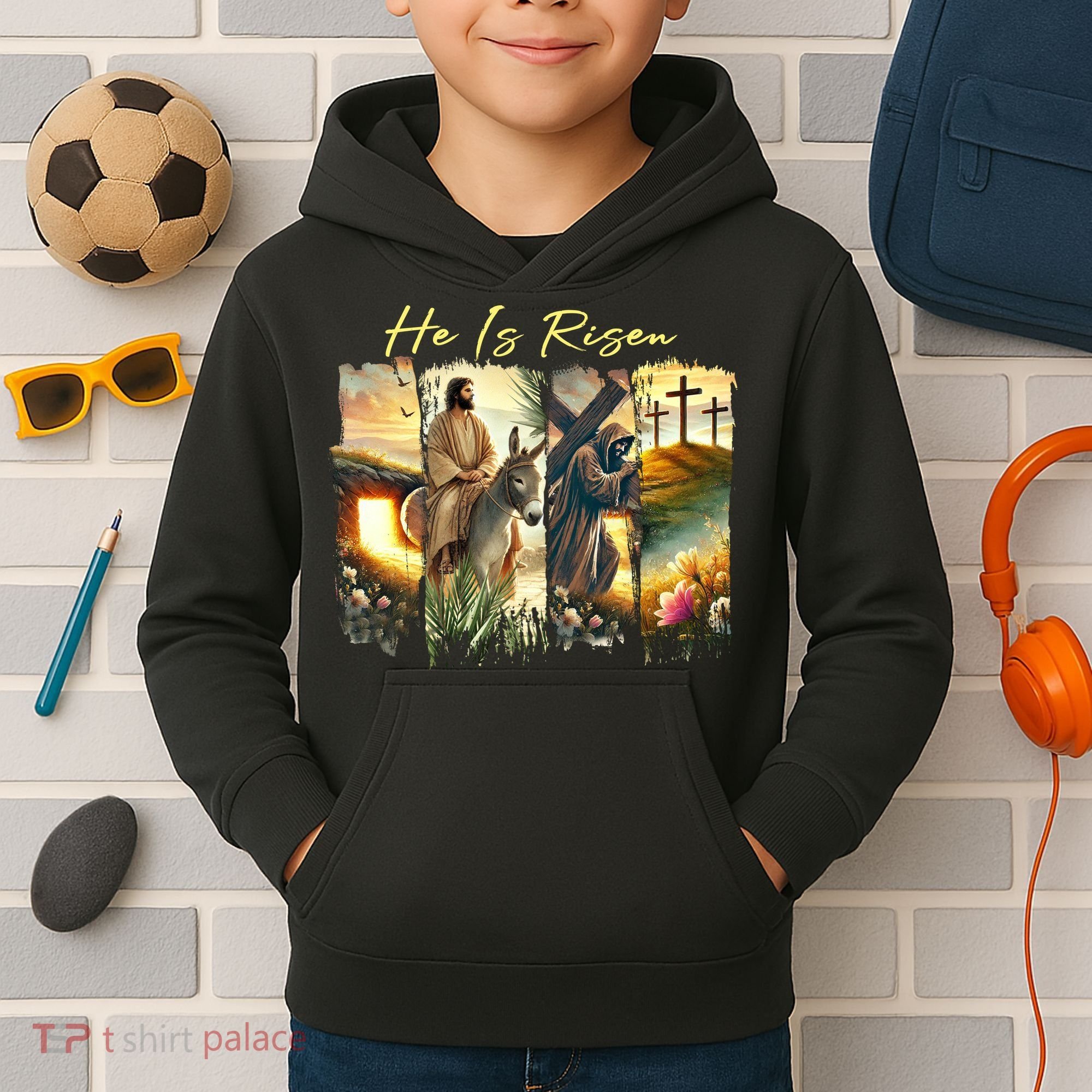 Celebrate Easter Jesus He Is Risen Four Scenes Kids Hoodie