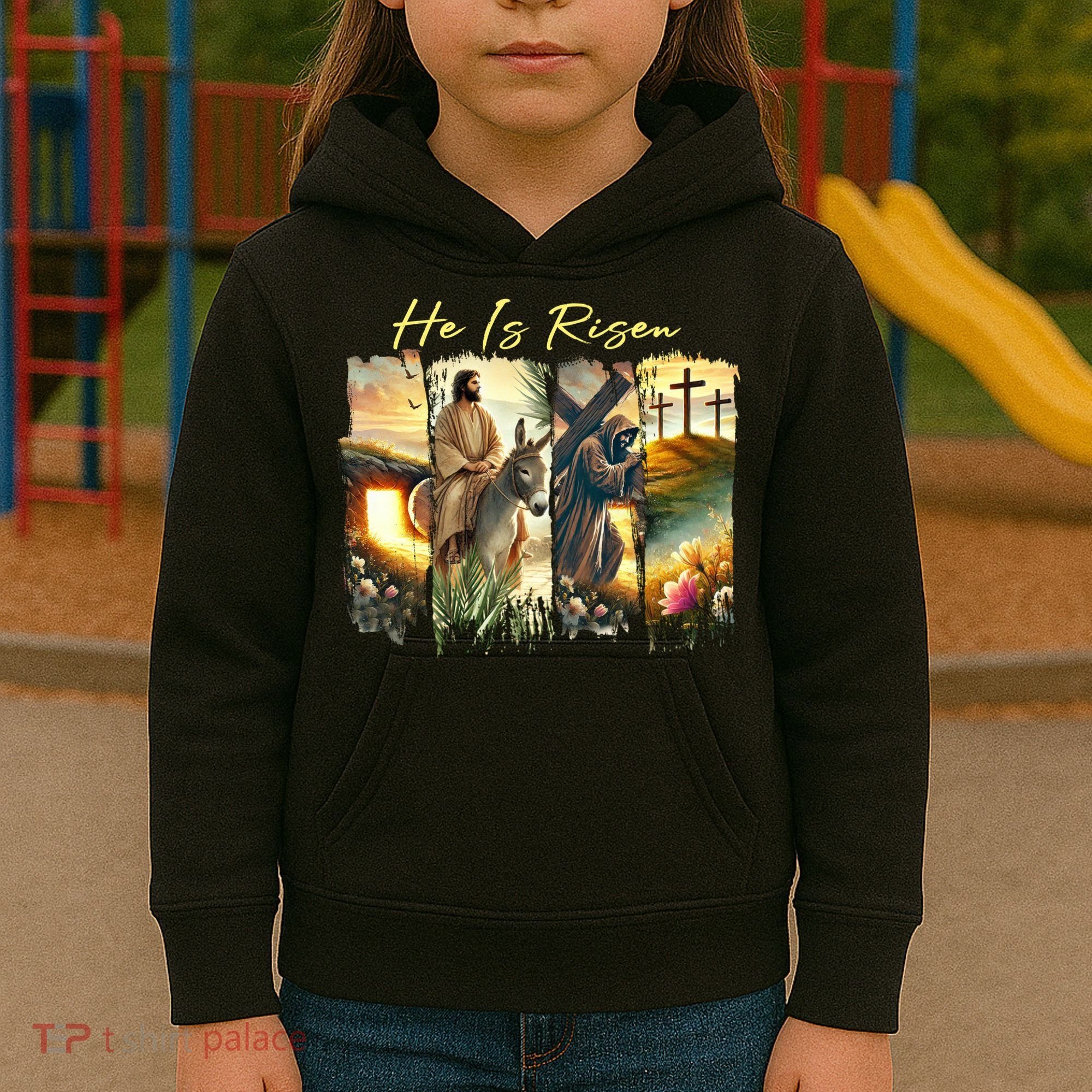Celebrate Easter Jesus He Is Risen Four Scenes Kids Hoodie