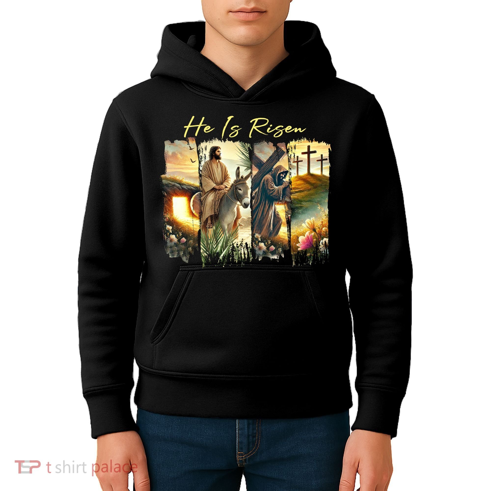 Celebrate Easter Jesus He Is Risen Four Scenes Kids Hoodie