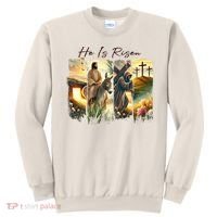 Celebrate Easter Jesus He Is Risen Four Scenes Sweatshirt thumb 0