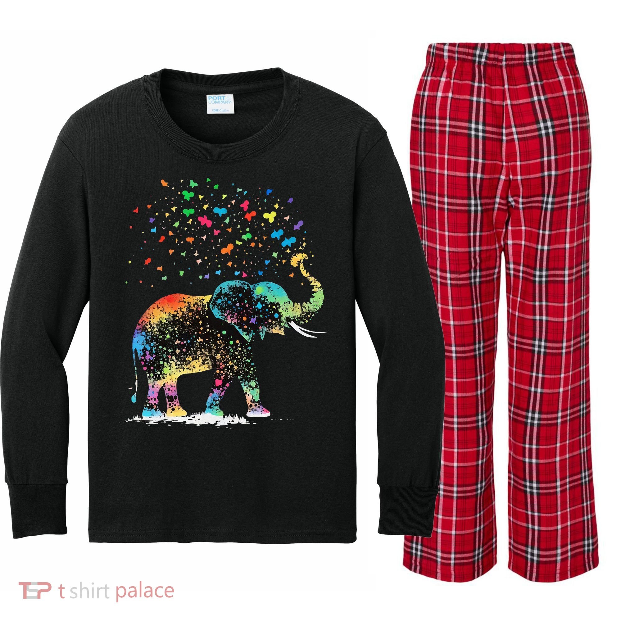 Cute Elephant Lover Animal On Elephant Kids Long Sleeve Plaid Pajama Set