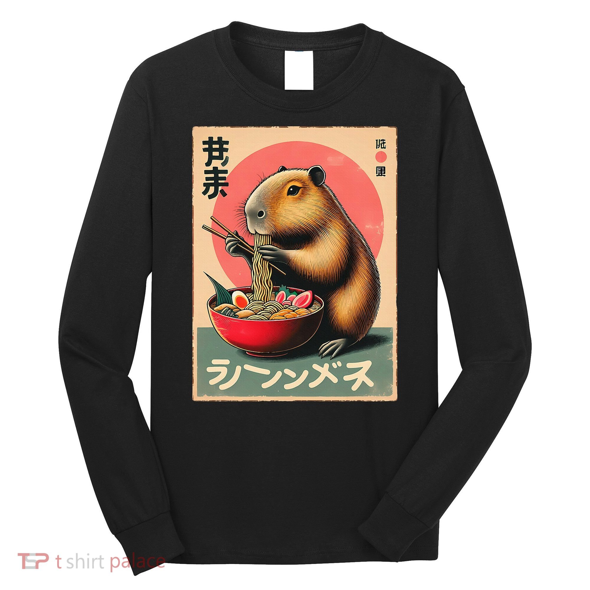 Capybara Eating Ramen Noodles Japanese Art Capybara Long Sleeve Shirt
