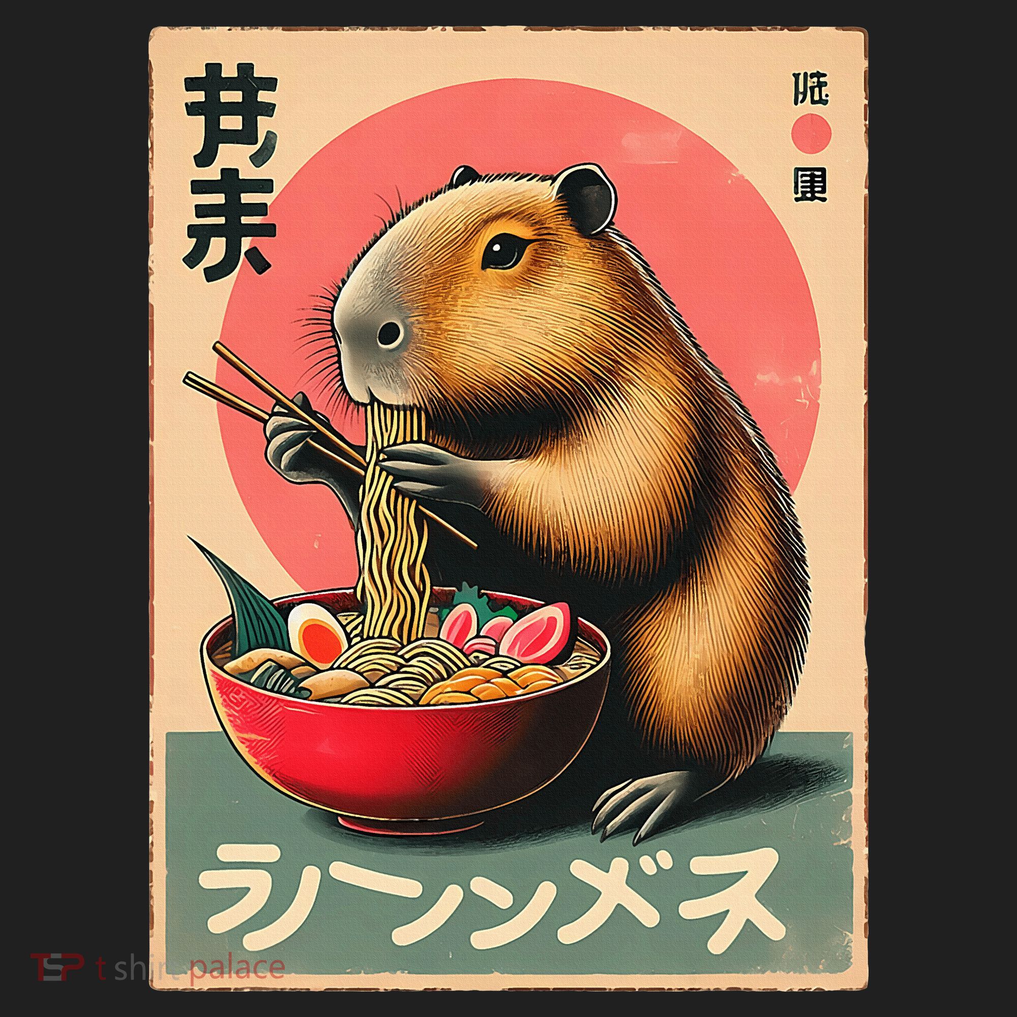 Capybara Eating Ramen Noodles Japanese Art Capybara Hat